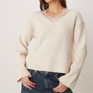 NWT Maje Cream V-Neck Sweater with Lace Detail